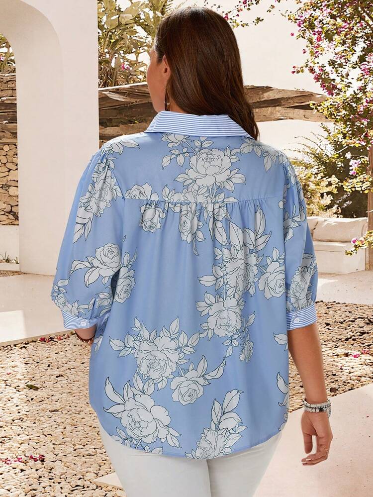 Plus Size Women Floral & Striped Print Contrast Color Long Sleeve Shirt Blouses For Women Casual Shirts For Ladies Casual Spring Shirts For Women New Arrival Blouse Floral Blouse,Summer Outfits For Women, Vacation Outfits Women ,Casual Blouse For Wome,Summer Holiday Outfits ,Country Style For Women Zanzea Blouses For Women Clothes For Ladies Discount Business Casual Women Outfits Plus Size,Countryside Style