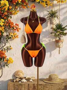 Amplova Conjunto de Maiô Bikini Sexy Feminino, Adequado para Férias, Design Fofo Bicolor Fluorescente, Ideal para Praia - Laranja - Visão 6