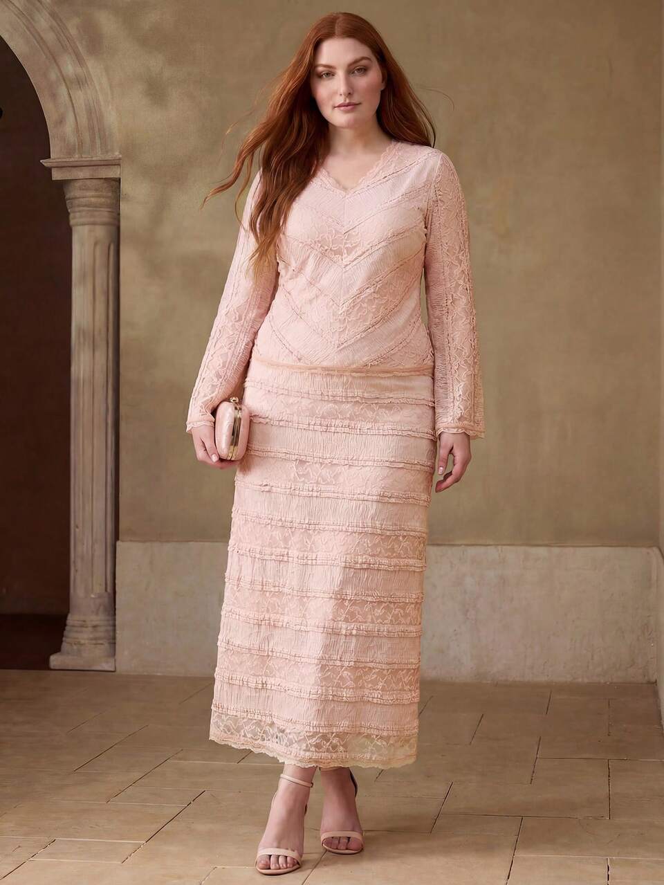 MOTF PLUS SIZE ELEGANT FRENCH LACE PATCHWORK FLORAL TRIM SLIMMING LONG SLEEVE TOP FOR WOMEN WEDDING MOTHER OF THE BRIDE PARTY PINK SUMMER