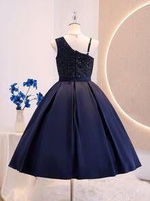 SHEIN Navy Blue Sleeveless Waist Splice Elegant Midi Dress For Teens Sixth Form,Graduation,Party - Navy Blue - View 2
