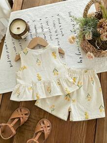 SHEIN LMoss Kids 女婴可爱碎花吊带背心和松紧腰短裤套装，夏季 - 彩色 - 查看 6