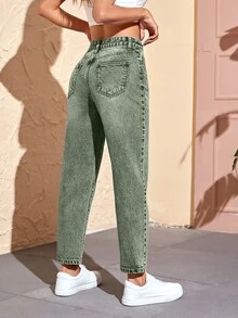 SHEIN PETITE 女款純色斜口袋休閒日常牛仔褲，鼠尾草綠夏季款，適合嬌小女性 - 綠色 - 查看 2