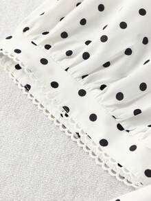 Linhara Blusa de manga corta con cuello de encaje, botones completos, decoración de perlas y ribete de encaje en estilo vintage elegante y casual con lunares en contraste para mujer de talla grande - Blanco y Negro - Ver 6
