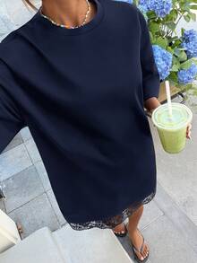 Muchica Women's Summer New Lace Patchwork Loose Short Sleeve T-Shirt Mini Dress - Navy Blue - View 5