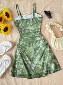 SHEIN 少女碎花荷叶边吊带沙滩度假连衣裙 - 綠色 - 查看 2