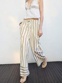 Lumivelle 新款女款純棉條紋長褲，適合春/夏季度假、休閒穿著與通勤 - 杏色 - 查看 1