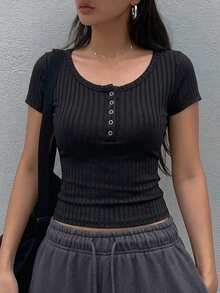 DAZY Women's Fashionable Versatile Button Decorated Short Sleeve T-Shirt, Suitable For Daily Wear Summer Everyday Black Basic Casual - Black - View 4
