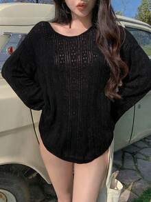 DAZY 女款休閒素色長袖寬鬆沙灘罩衫 - 黑色 - 查看 4