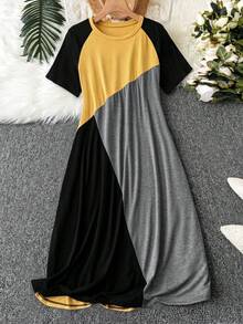 EMERY ROSE Plus Size Colorblock Round Neck Casual Daily Short Sleeve Dress - Yellow - View 3