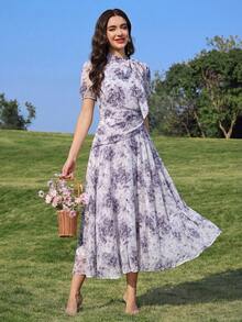 Modelyn Đầm nữ thanh lịch in hoa, cổ xoắn, eo nhún, thích hợp cho mùa hè. - Màu tím - Xem 8