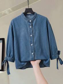 EMERY ROSE Mature Denim 女士休闲牛仔衬衫，袖口打结设计，单排扣 - 藍色 - 查看 1