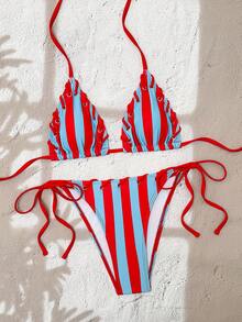 Swim Vcay 2026 New Spring Summer Women 2 Pieces Random Print Beach Holiday Vacation Elegant Sexy Casual Swimwear Set Red Striped - Multicolor - View 3