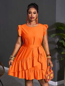 Slaydiva Vestido casual de talla grande con volantes en el bajo y unicolor - Naranja - Ver 7