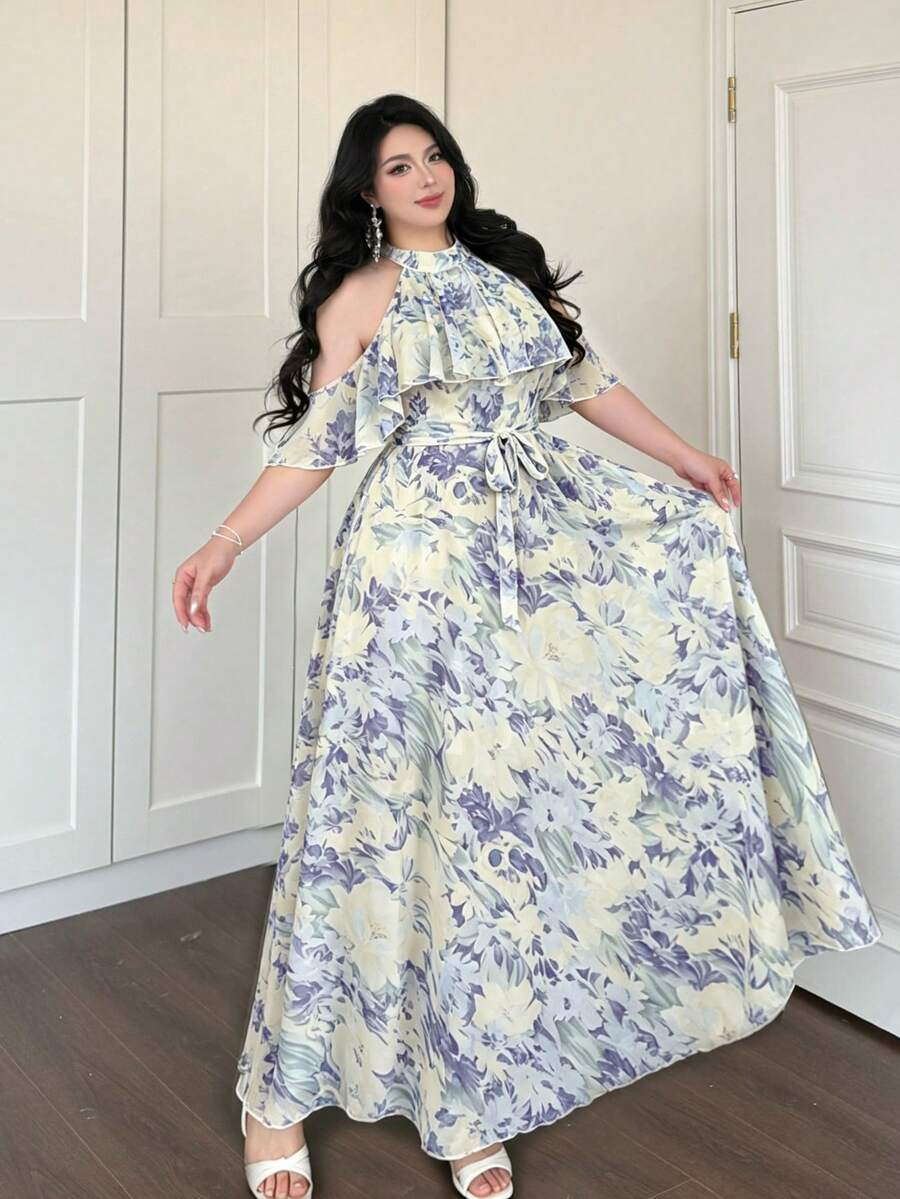 Vibekara 春季、夏季、度假风、优雅浪漫雪纺印花露背系带荷叶边装饰A字飘逸长裙、正式场合礼服 - 藍色 - 查看 1