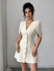 Elenzga Vestido elegante y romántico para mujer con cuello en V y línea A, hecho de tela de patchwork - Albaricoque - Ver 7