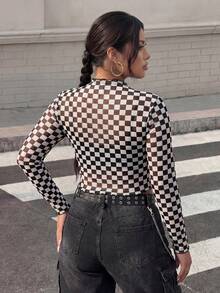 Muchica Áo crop top họa tiết caro Plus không có áo hai dây, mùa hè - Đen và trắng - Xem 2