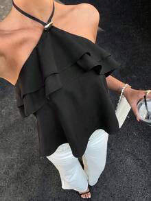 Siren Gaze Sexy Ruffled Backless Halter Neck Top For Summer,Summer Top - Black - View 7