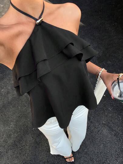 Siren Gaze Sexy Ruffled Backless Halter Neck Top For Summer