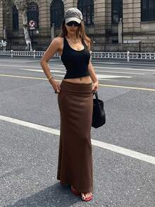 DAZY Rok Wanita Polos Modis Minimalis Pas Badan - Coffee Brown - View 3