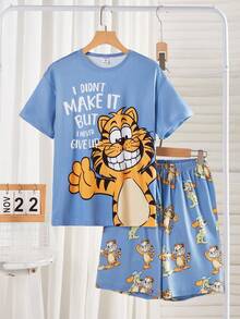 两件套 大童休闲蓝色猫咪字母印花短袖上衣和印花短裤家居服套装 - 藍色 - 查看 1