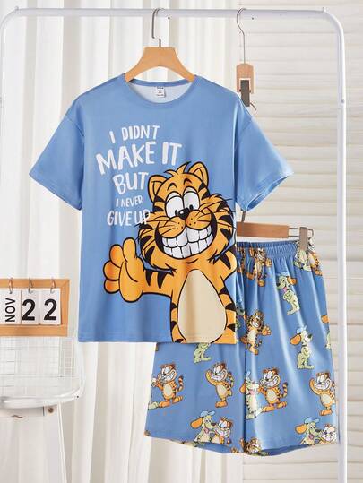Set de 2 piezas de ropa informal para niños mayores: Parte superior de manga corta con estampado de gato azul y pantalones cortos con estampado total
