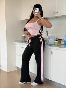 ZzzCrew Plus Size Women's Simple Pink Striped Decor Comfortable Soft Elastic Knit Leggings With Faux Drawstring, Minimalist Sporty Casual Lounge Pants - Black - View 4