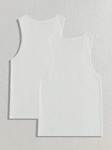 Manfinity RebelGame 2pcs Men's Summer Casual All-Match Solid Color Ribbed Knit Tank Top, Versatile For Daily Commute, Vacation, Father's Day Gifts, Football - White - View 2