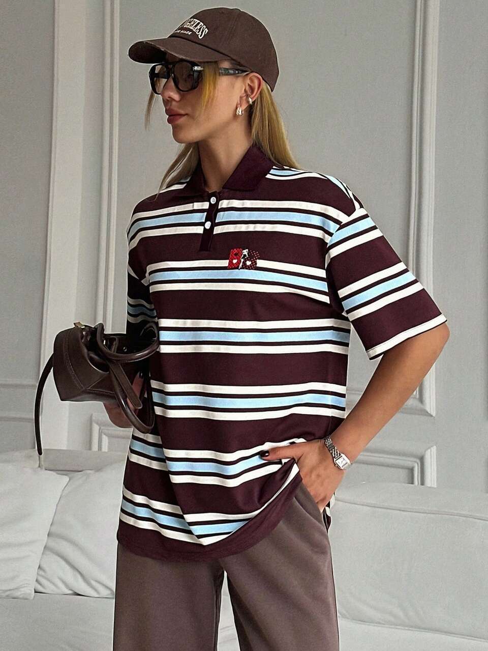 Women's Casual Striped, Polka Dot, Heart Print Button-Up T-Shirt Graphic Tee