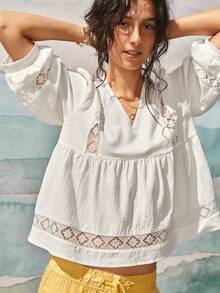 SoleilVie Áo kiểu dáng rộng rãi, màu mơ, chất liệu cotton pha, viền ren phong cách Bohemian, cổ chữ V, tay phồng, thích hợp cho mùa hè. Phù hợp cho nữ. - trắng - Xem 3