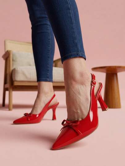 Zapatos rojos de tacón estilizado de 5 cm para mujer, zapatillas con punta afilada y moño decorativo en la parte delantera, ideales para eventos especiales, zapatillas para lucir elegante