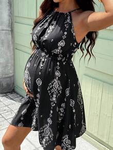 SHEIN Maternity Summer Vacation Casual Printed Sleeveless Dress - Black - View 3