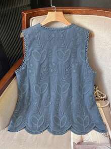 Lacomfia Kamisol Wanita Ukuran Besar Berkerah Bulat dengan Bordir, Elegan, Serbaguna untuk Musim Panas - Dusty Blue - View 2