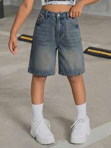 SHEIN Tween Girl Y2K Fashionable Stonewashed High Waist Flap Pocket Baggy Denim Shorts, Back To School Summer - Dark Wash - View 5