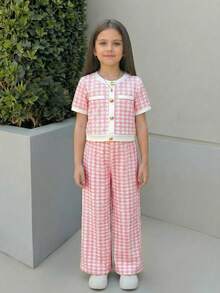 SHEIN 2pcs/Set Young Girl Elegant Pink & White Contrast Gold Button Blouse & Straight Leg Pants,Back To School Summer Outfit,Family Matching Party Set - Pink - View 4