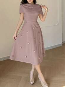 Modelyn Women's Elegant 3D Floral Decor Short Dress, Summer,Dresses For Women Summer - Dusty Pink - View 7