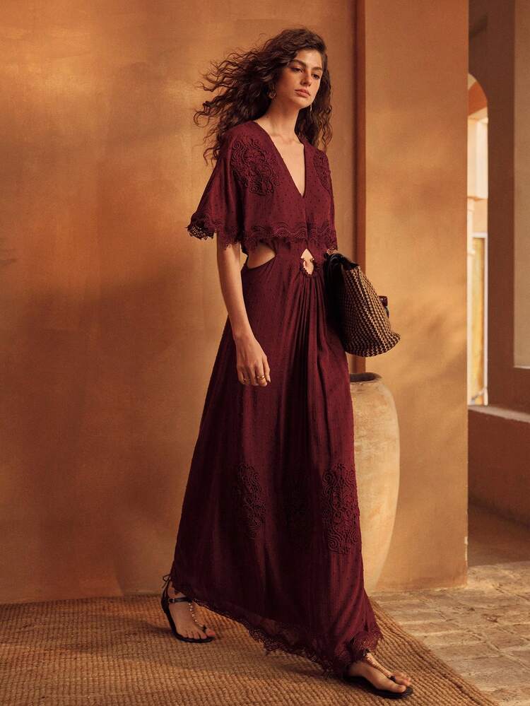 WOMEN'S SPRING/SUMMER 100% VISCOSE SWISS DOT LACE PATCHWORK EMBROIDERED MIDI VACATION DRESS