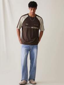 SWAVVY Men's Casual Contrast Color Letter Print Round Neck Raglan Sleeve T-Shirt, Summer - Brown - View 2
