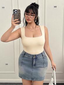 CovetEZ Plus Size Women's Basic Casual Daily Solid Color Round Neck Beige Tank Top, Spring/Summer - Apricot - View 5