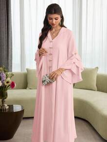 Al Najma Layered Floral Jacquard Hooded Cape With Ruffled Hem And Puff Sleeves, Elegant Robe - Pink - View 7