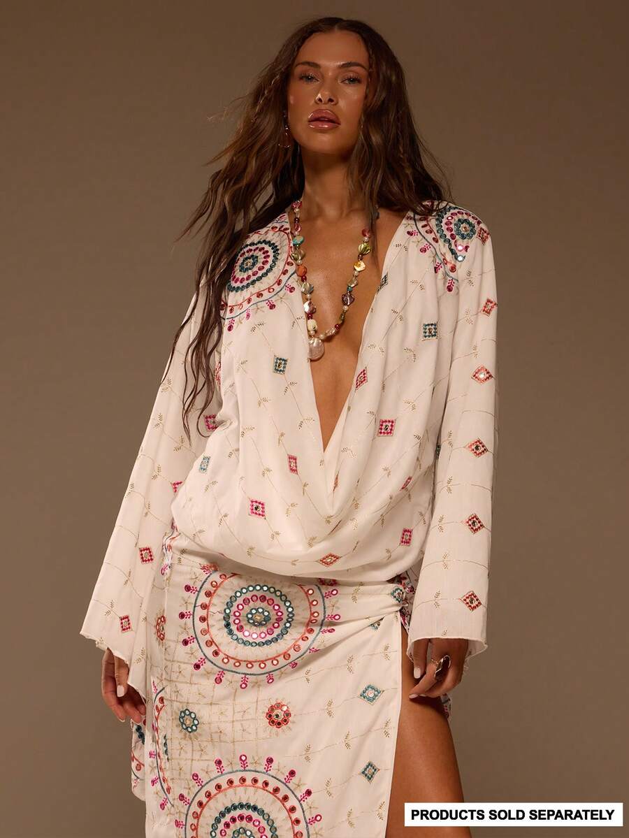 MUSERA Áo dài tay cổ đổ phối sequin bằng vải lanh, kiểu dáng mùa hè, đi biển, gợi cảm, dễ thương, phong cách boho, du lịch, lễ hội, Pocha. - trắng - Xem 1