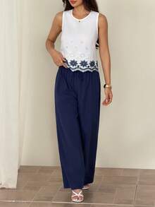 SHEIN PETITE Bộ đồ hai mảnh dành cho nữ, áo không tay và quần dài, thời trang thu đông hè, màu xanh dương. - Màu xanh lam - Xem 7