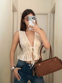 Women's Fashion Sexy Tie-Up Ruffle Hem Blouse - Apricot - View 4