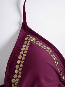 Opulessa Women's Fashion Versatile Metal Rivet Sexy Halter Backless One-Piece Swimsuit - Burgundy - View 10