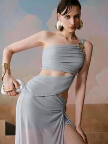 SHEIN Raffinéa Women's Solid Color Metal Decor One Shoulder Cutout Pleated Sexy Top - Silver - View 7