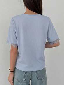 DAZY Women's Summer Round Neck Short Sleeve Lace Patchwork Pullover Casual Minimalist T-Shirt - Blue - View 3
