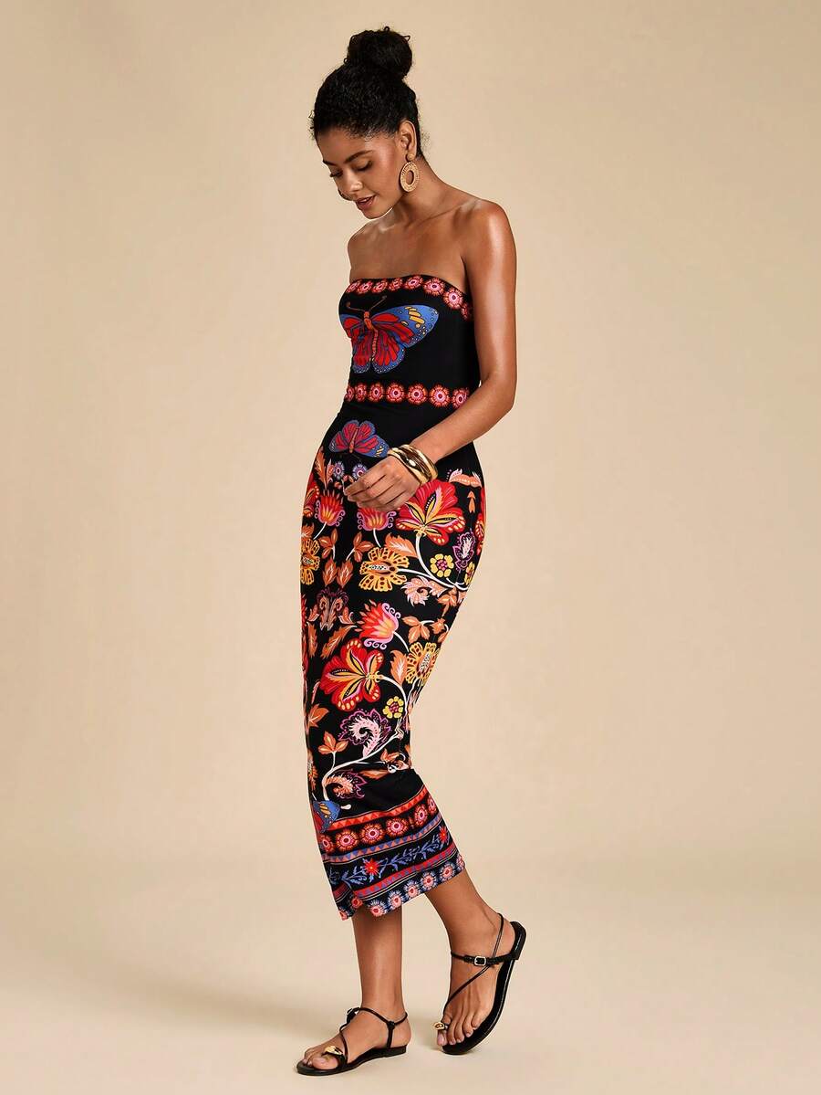Travachic Frida Kahlo X SHEIN Women's Floral Butterfly Print Bodycon Dress, Suitable For Spring/Summer Vacation Beach Black Floral Boho - Multicolor - View 1