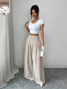 Elenzga Women's Autumn Pastal Stripe Cotton Wide-Leg Trousers Fashionable Loose-Fitting Button-Down Pleated Casual Elegant Girlisim Vacation White Brunch - Khaki - View 3