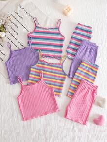 SHEIN 8pcs Young Girl Knitted Solid Striped Casual Camisole And Shorts Set - Multicolor - View 2