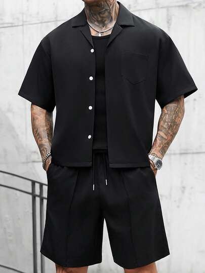 Manfinity LEGND Men's Simple Solid Color Front Button Short Sleeve Shirt And Shorts Set, Summer