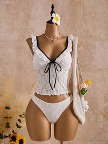 Swim Mod Nuevo conjunto de verano de dos piezas estilo europeo y americano, top corto con ribete de contraste y borde con volantes, Bottom triangular a juego con ribete de contraste, conjunto de bikini camiseta de soporte, adecuado para la playa, fiesta de piscina, cumpleaños - Blanco - Ver 2